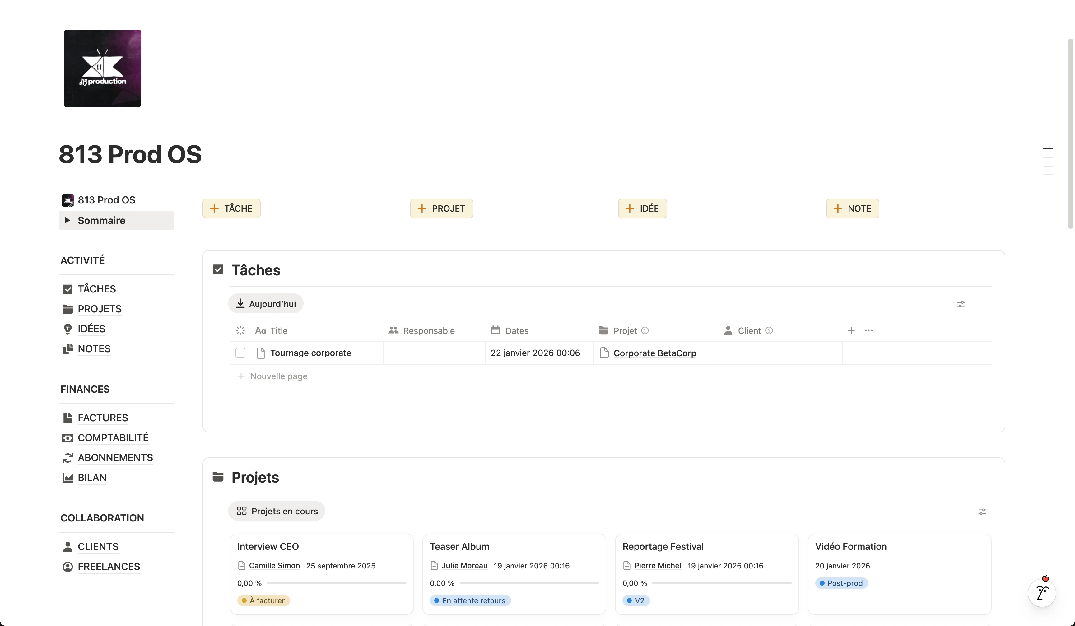 Dashboard Notion agence 813 Production