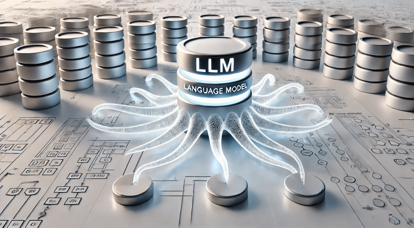  Image of a futuristic language model (LLM) represented as a central hub with multiple connections extending to numerous databases, symbolizing the integration and processing power of LLMs in managing and analyzing large datasets.