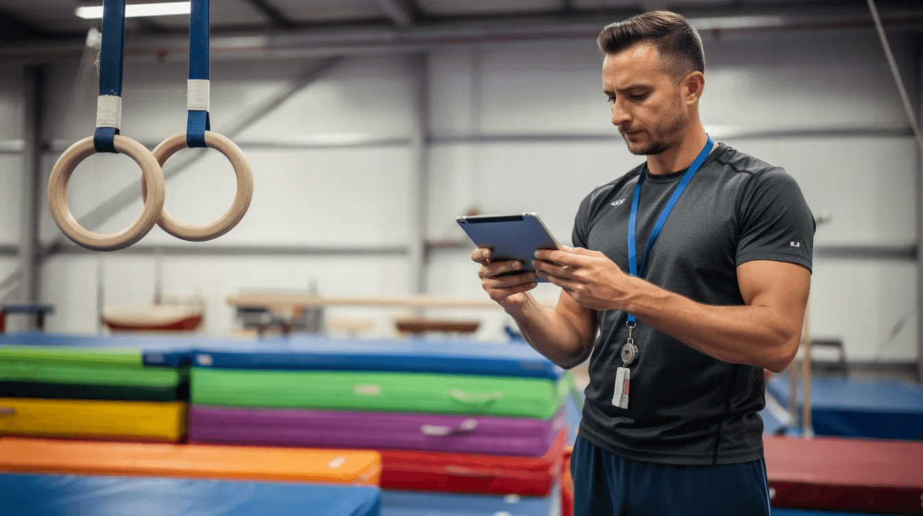 A coach stands near gymnastics rings and mats, holding a digital tablet, likely using gymnastics club management software to manage classes and track member information. The scene reflects a focus on streamlining operations and enhancing communication within the gymnastics club environment.