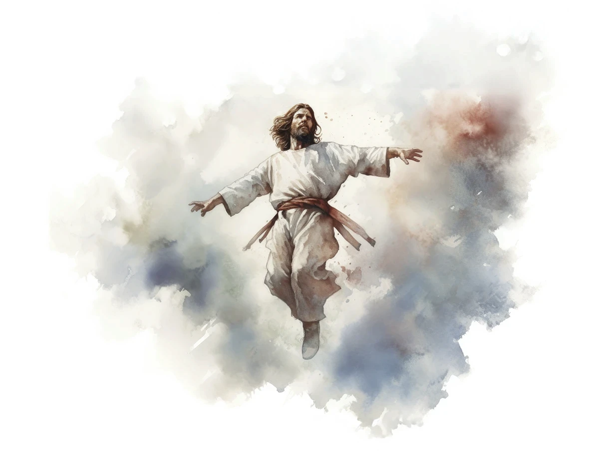 Watercolor of Jesus coming back on the clouds.