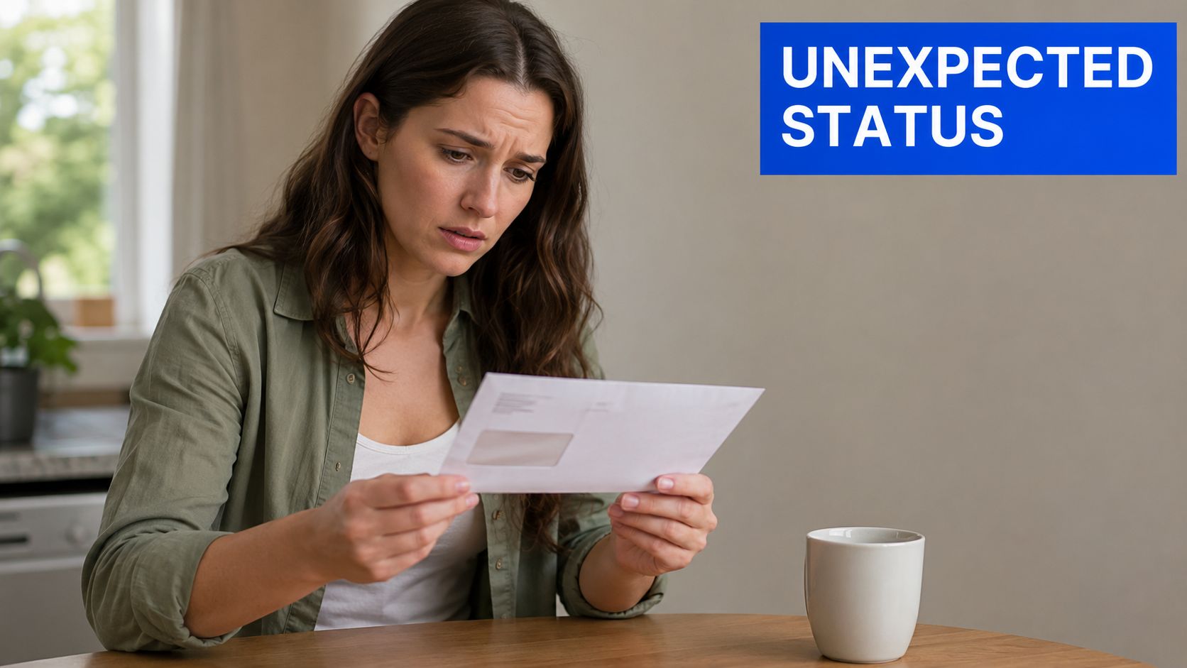 A concerned young woman reading a letter at a table while drinking from a white cup.