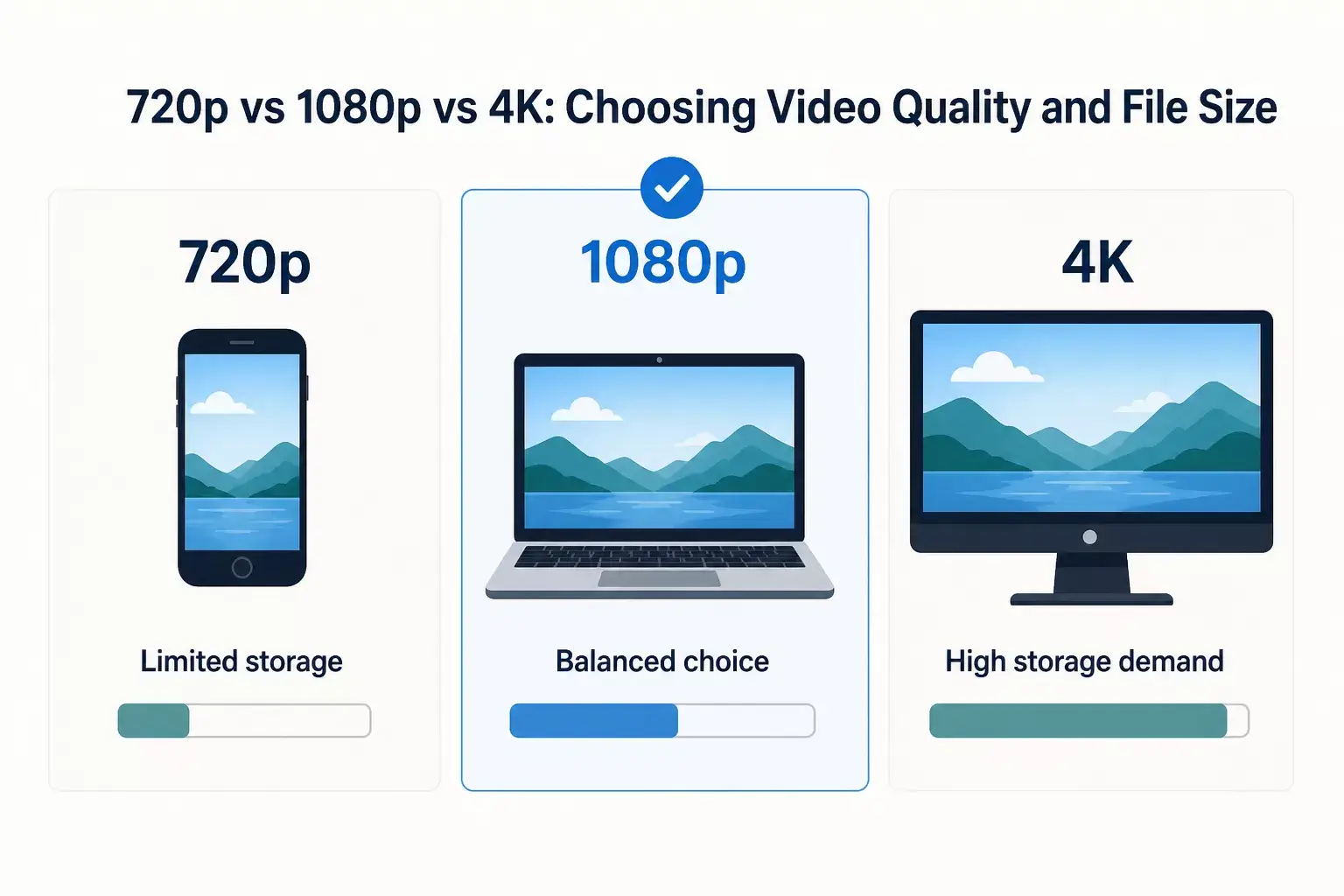 Typical use cases for 720p, 1080p, and 4K offline video.
