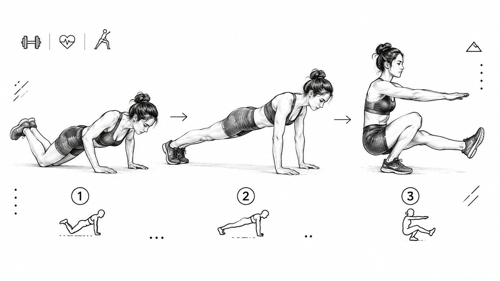 A black and white diagram showing three steps of a fitness exercise involving pushups and squats.