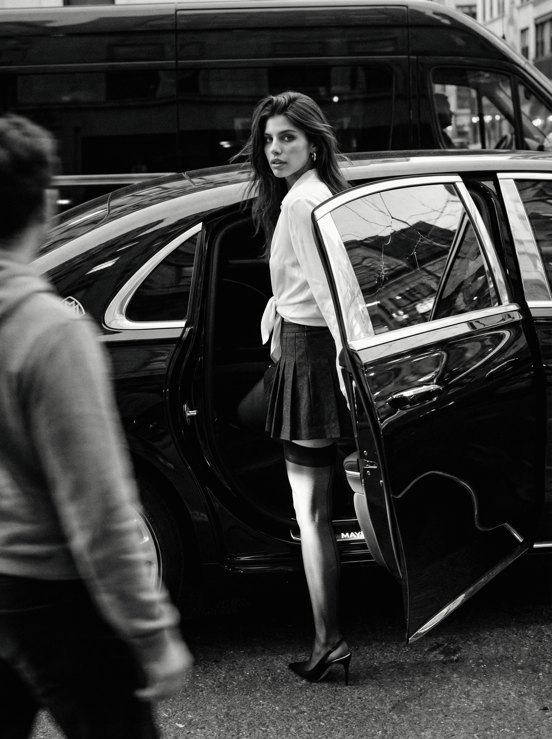 A ballerina with long hair throws her arms up