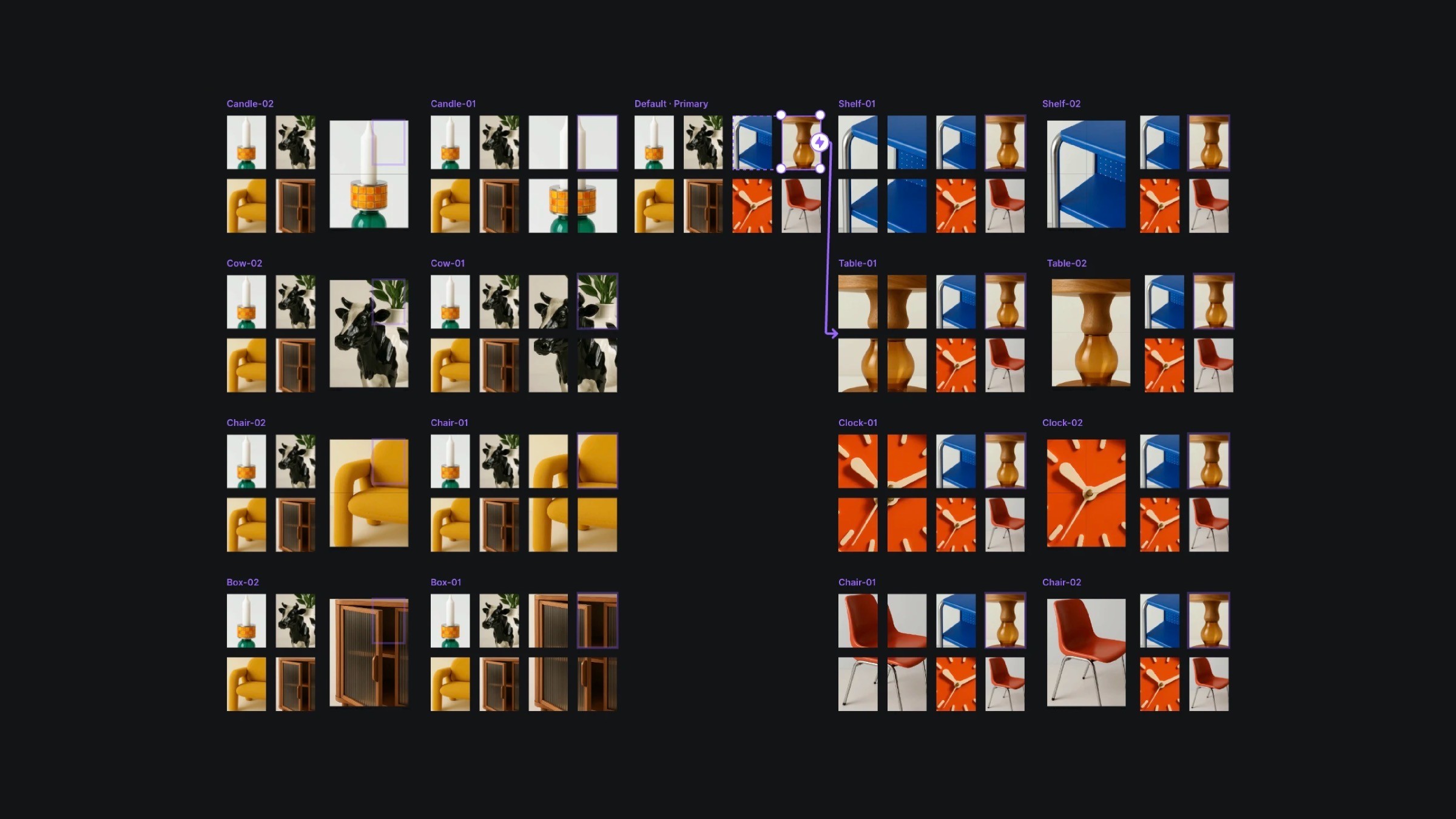Product image grid showcasing furniture and decor variations