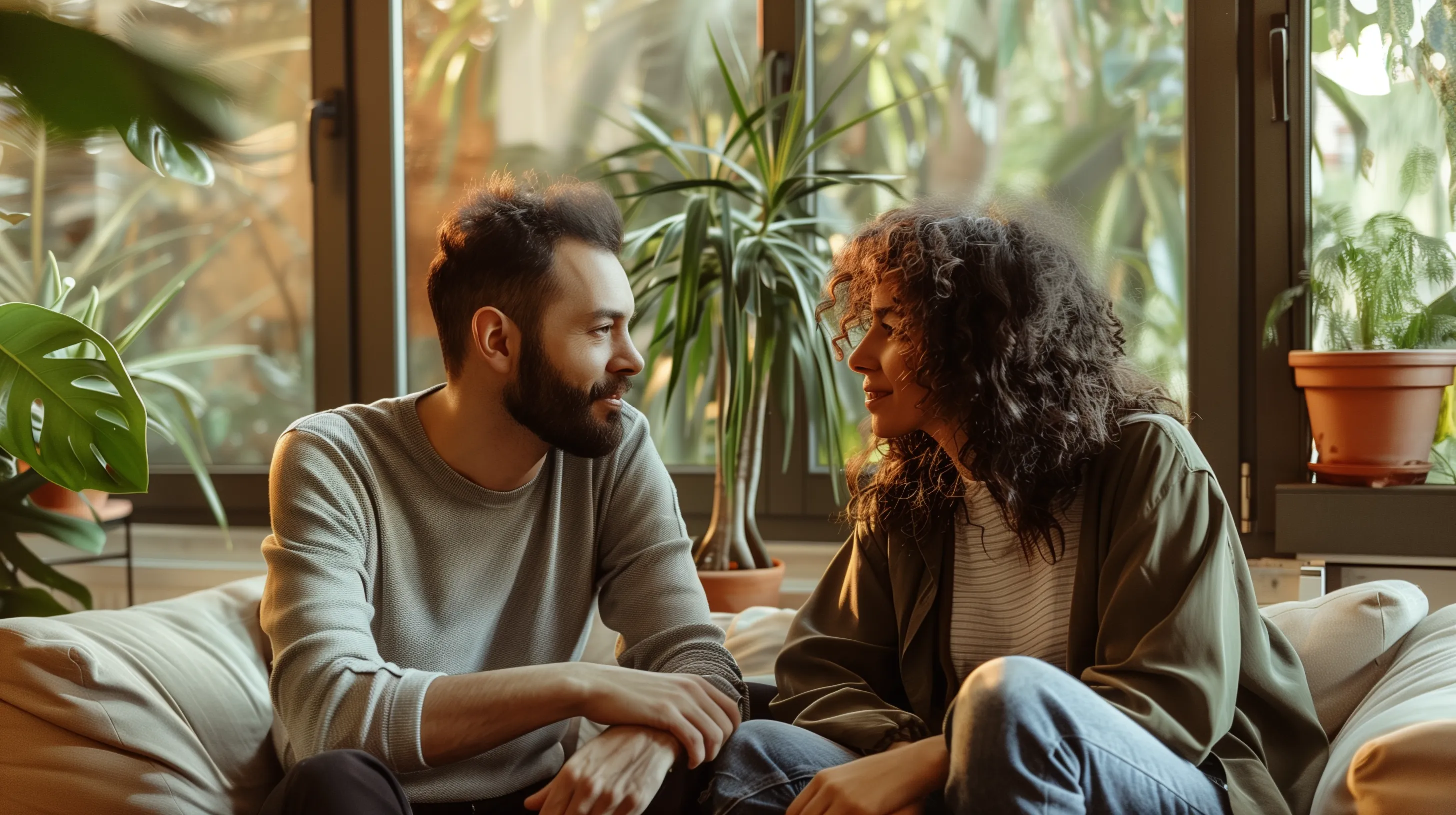 Engaged couple having meaningful conversation during premarital counselling