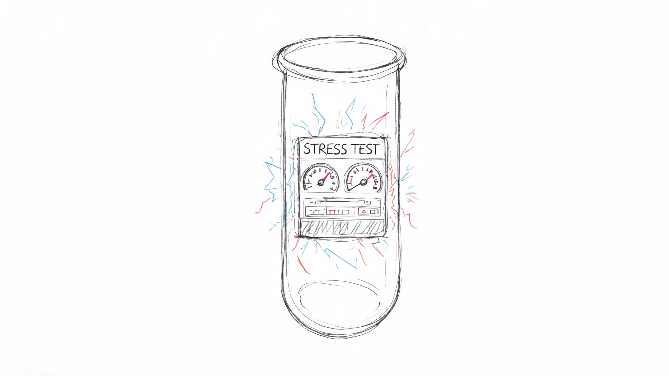A hand-drawn sketch of a test tube containing a device labeled Stress Test with gauge needles.