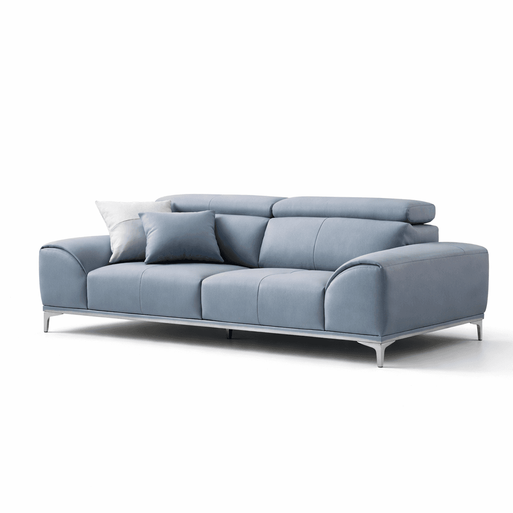 Soft blue upholstered seating with segmented cushions and raised metal feet
