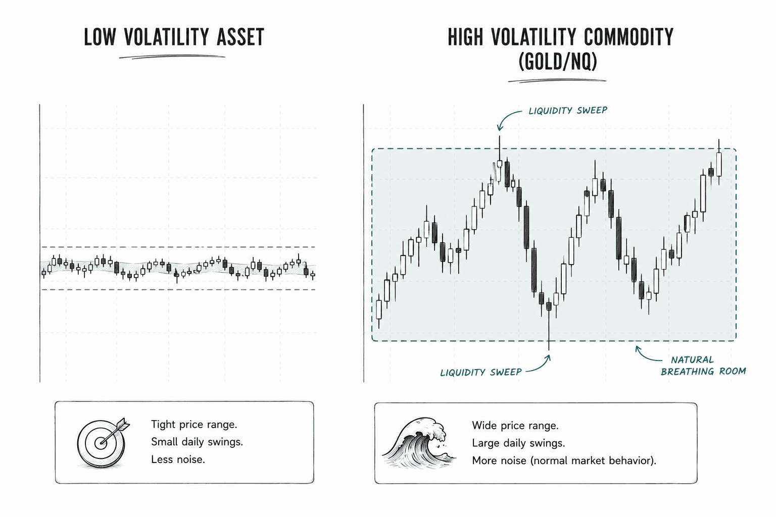 A chart of a low volatility asset on the screen showing very a very tight range with small swings and less noise. This is next to a high volatility commodity like Gold or NQ. The chart is extremely volatile with lots of liquidity sweeps.