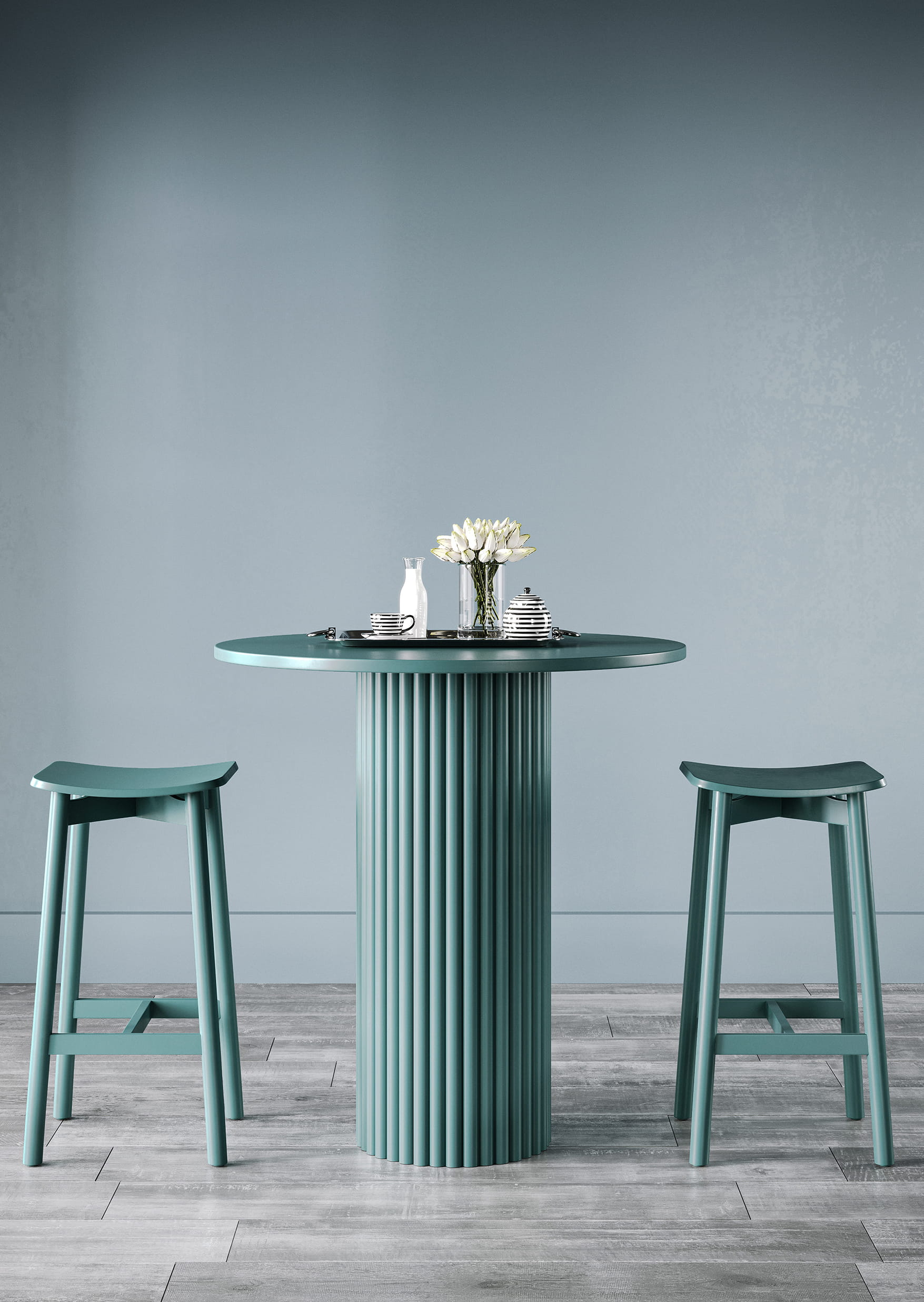High table with stools in modern commercial interior setting