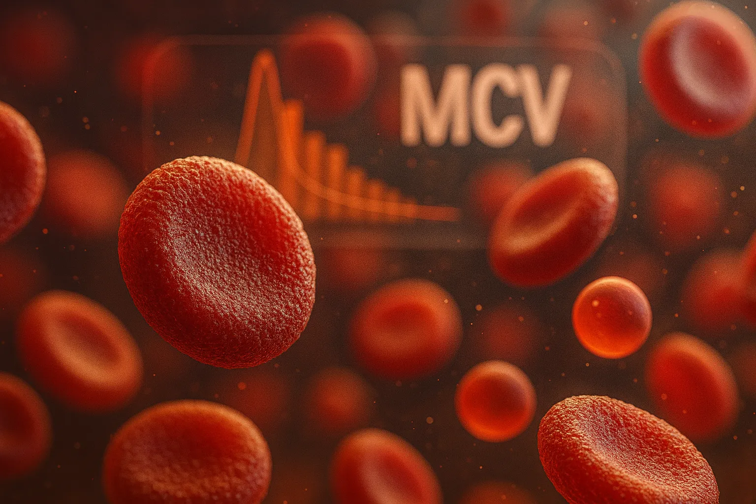 Macro 3D view of red blood cells with one large detailed cell in focus and an MCV histogram in the background.