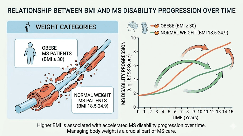 BMI impact on multiple sclerosis disability progression showing faster decline in obese patients
