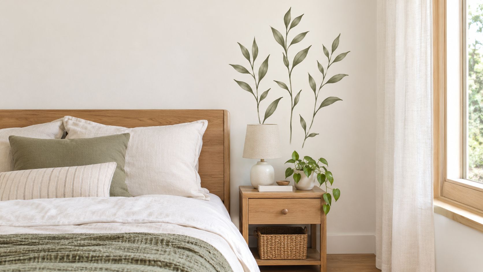 A modern, minimalist bedroom features a wooden headboard, cozy bedding, and a simple botanical wall decal design.