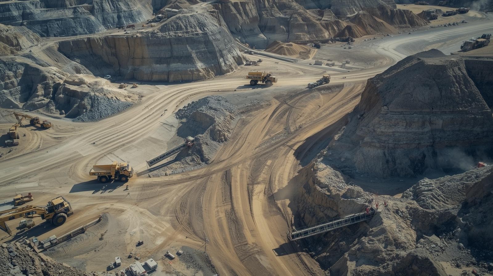 Drone view of an active mining site during daytime with excavators, haul trucks, and open-cut operations.