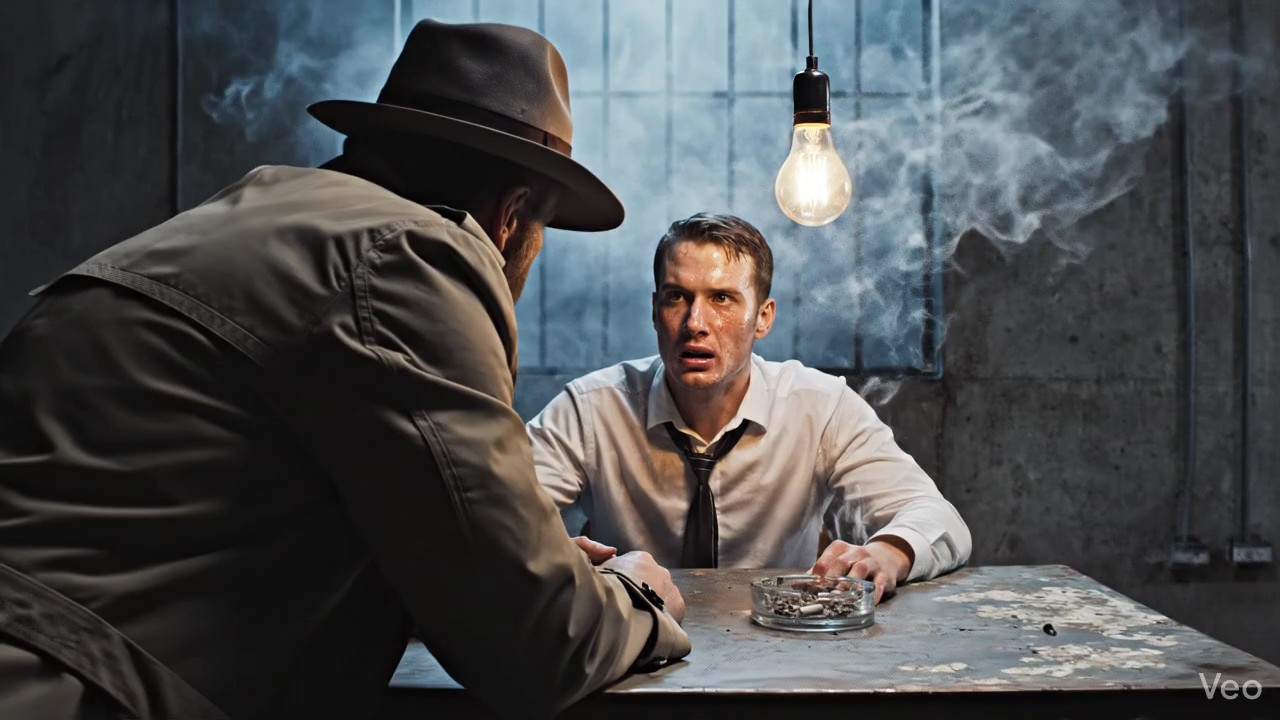 A Film Noir cinematic style AI-generated video by Mahendra R for a detective movie scene, depicting an intense interrogation where a detective in a trench coat and fedora confronts a nervous, sweating suspect under a single hanging lightbulb.