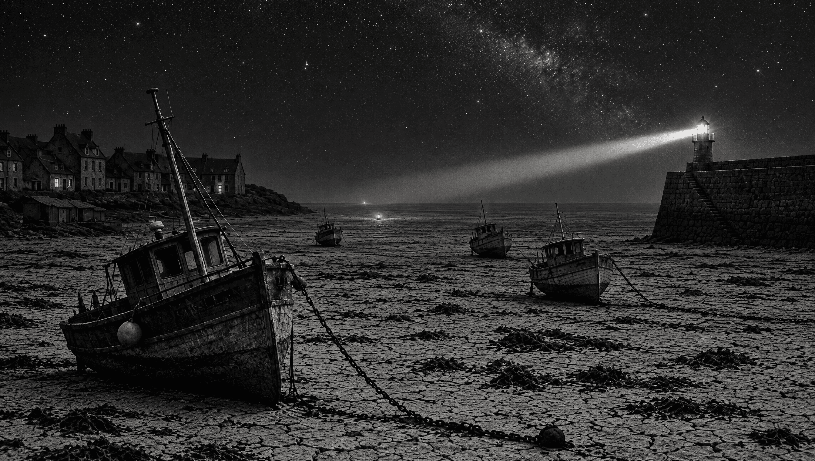 At night the lighthouse is lit, its beam sweeping across the dry seabed toward two tiny distant lights