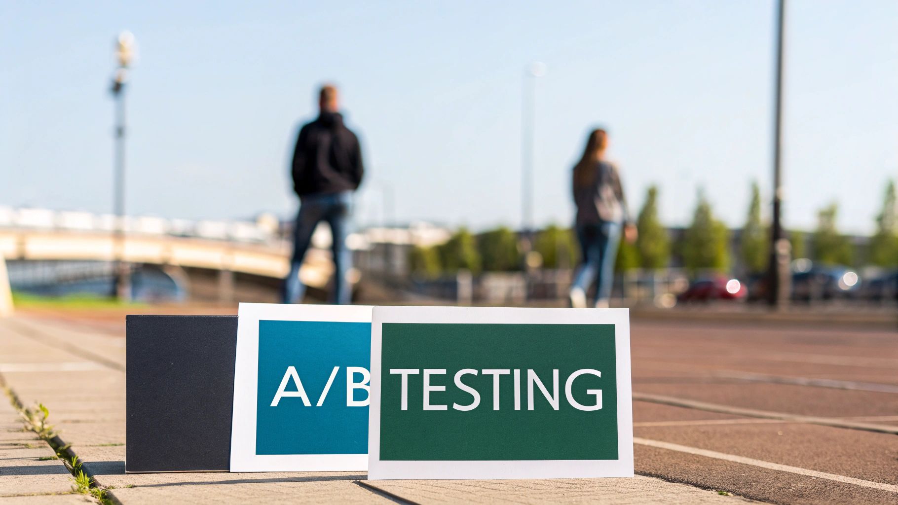 Two signs on the ground, one blue with 'A/B' and one green with 'TESTING', illustrating a business concept.