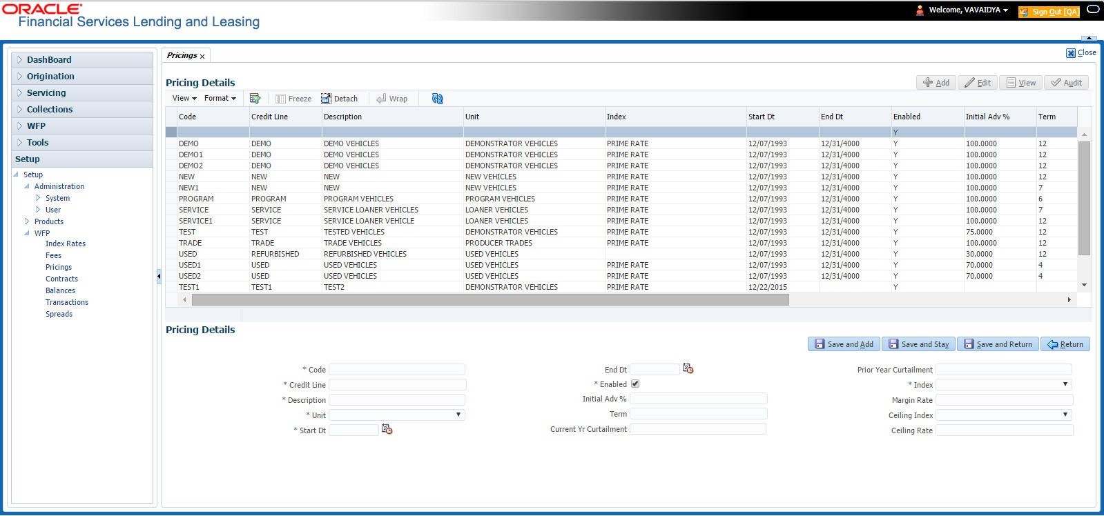 Oracle Financial Services Lending and Leasing pricing screen showing a structured table of credit lines, index rates, and initial advance percentages
