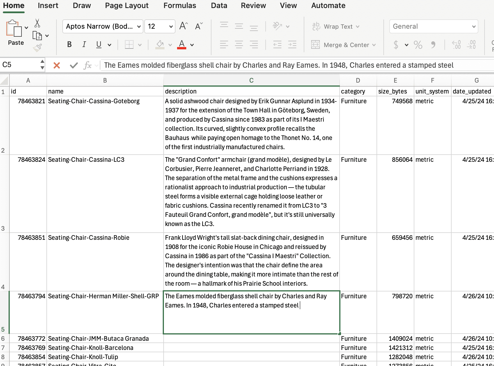 Edit names, descriptions, and other editable fields in a spreadsheet, then import the CSV back into Kinship.