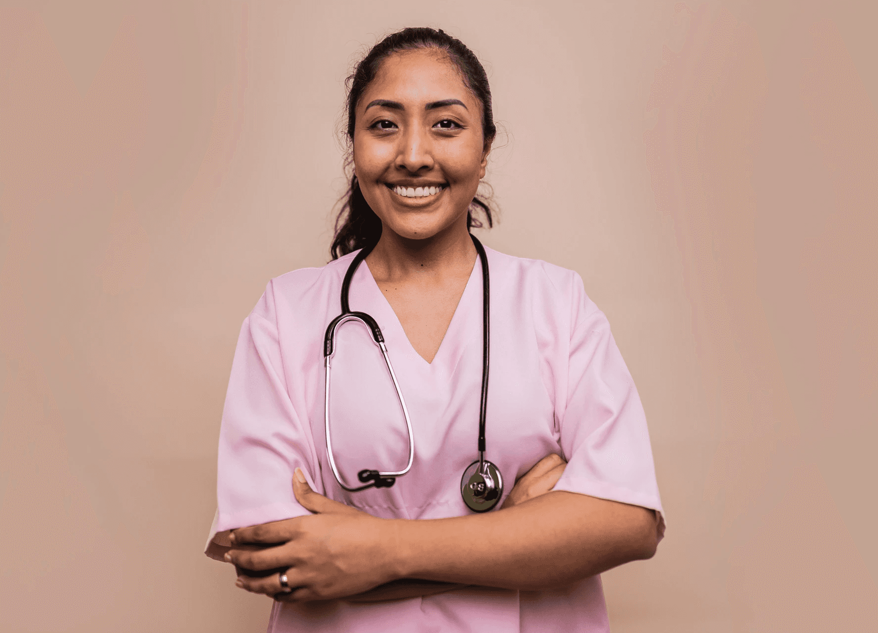 Female nurse in blue scrubs