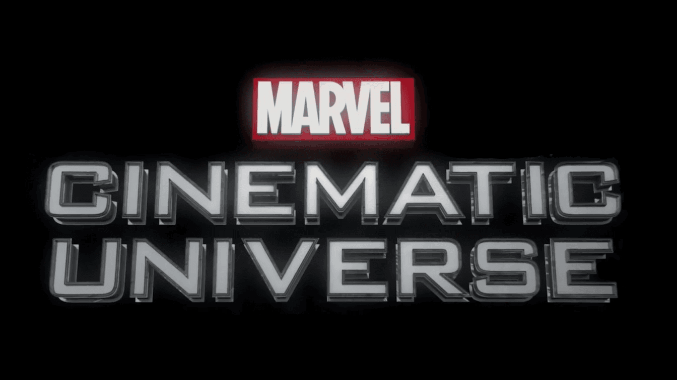 The image shows the Marvel Cinematic Universe logo with "Marvel" in red and white at the top and "CINEMATIC UNIVERSE" in silver, bold, 3D lettering below, all set against a black background.