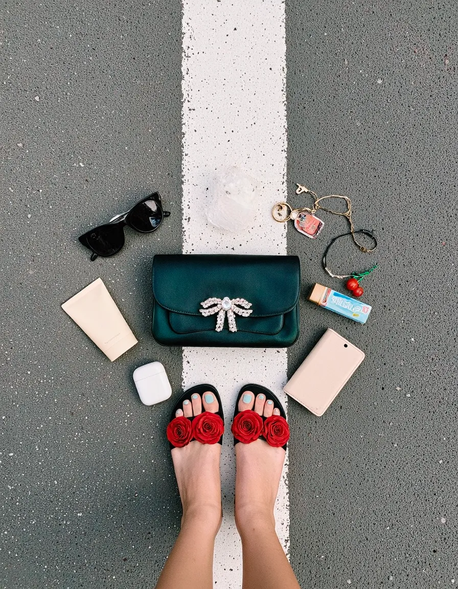 Flatlay on asphalt with emerald green clutch, rose-adorned black sandals, sunglasses, AirPods case, phone and beauty essentials