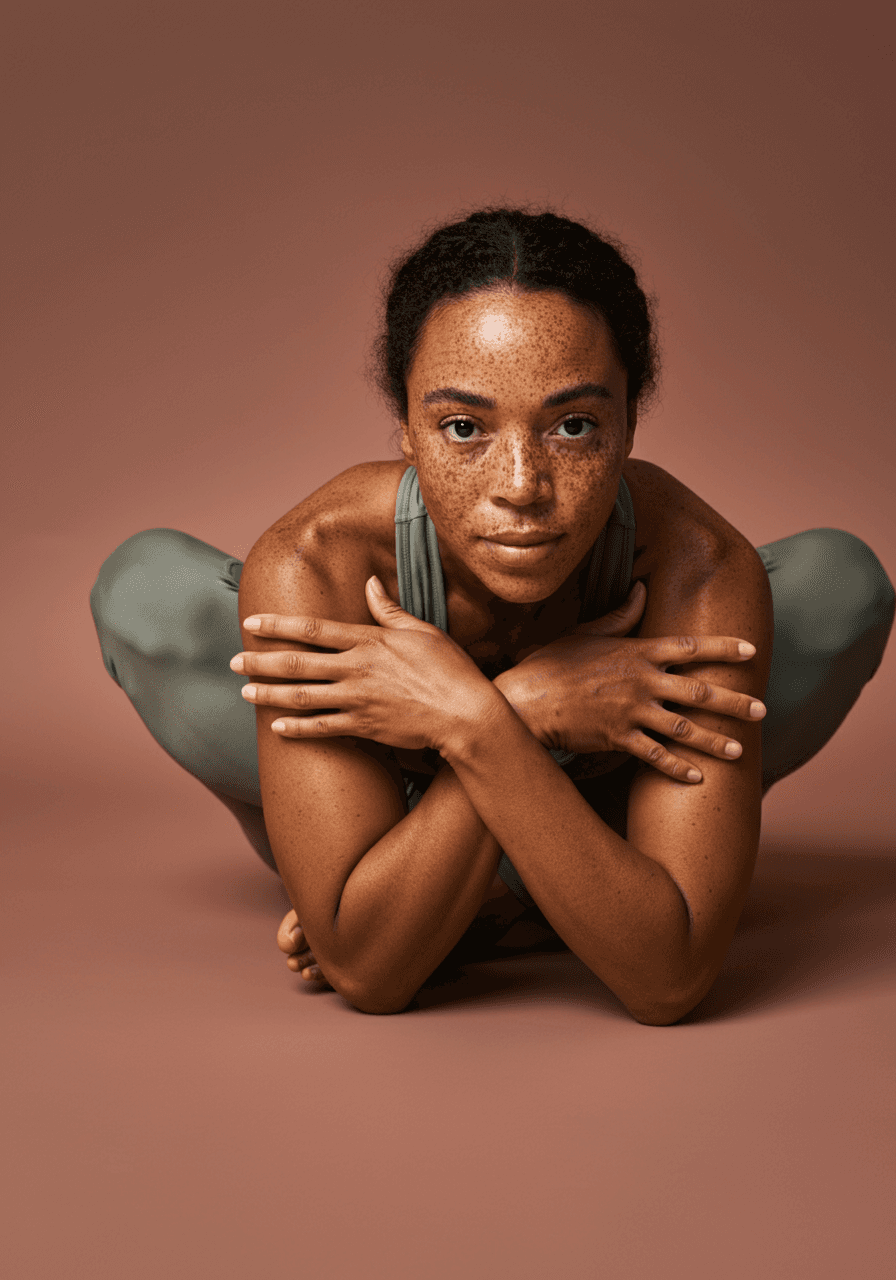 Portrait shot of a woman in a yoga outfit.