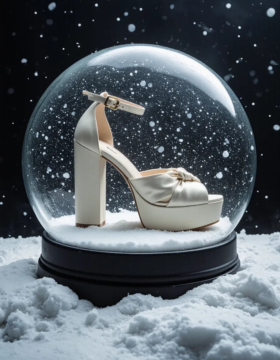 Luxurious white platform heel with bow detail and ankle strap displayed inside a snow globe with falling snow against a black background