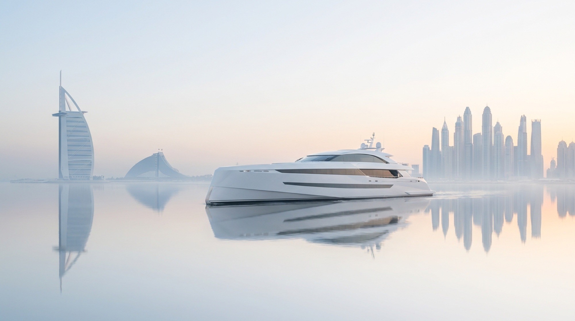 White yacht on calm water between Burj Al Arab and the Dubai Marina skyline