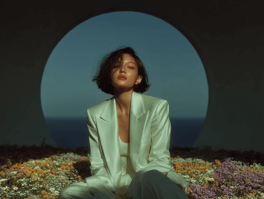 A woman in a light green suit sitting before a large circular opening that overlooks a calm, deep blue ocean.