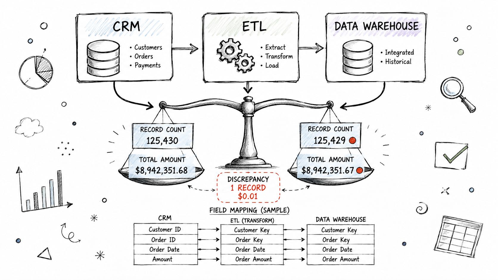 A hand-drawn illustration showing a data integrity comparison between a CRM system and a Data Warehouse.