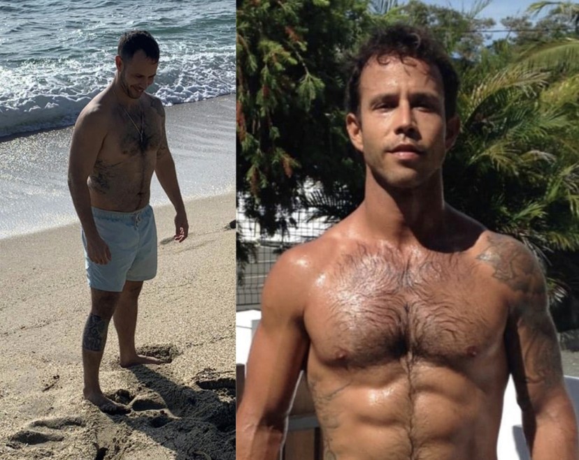 Smiling young woman with long hair standing against a dark green background, holding a finger to her chin.