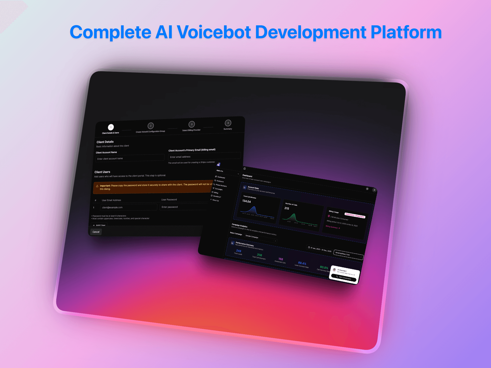 Complete AI voicebot development platform with client portal management, analytics dashboard, and multi-step workflow builder | VoiceAIWrapper