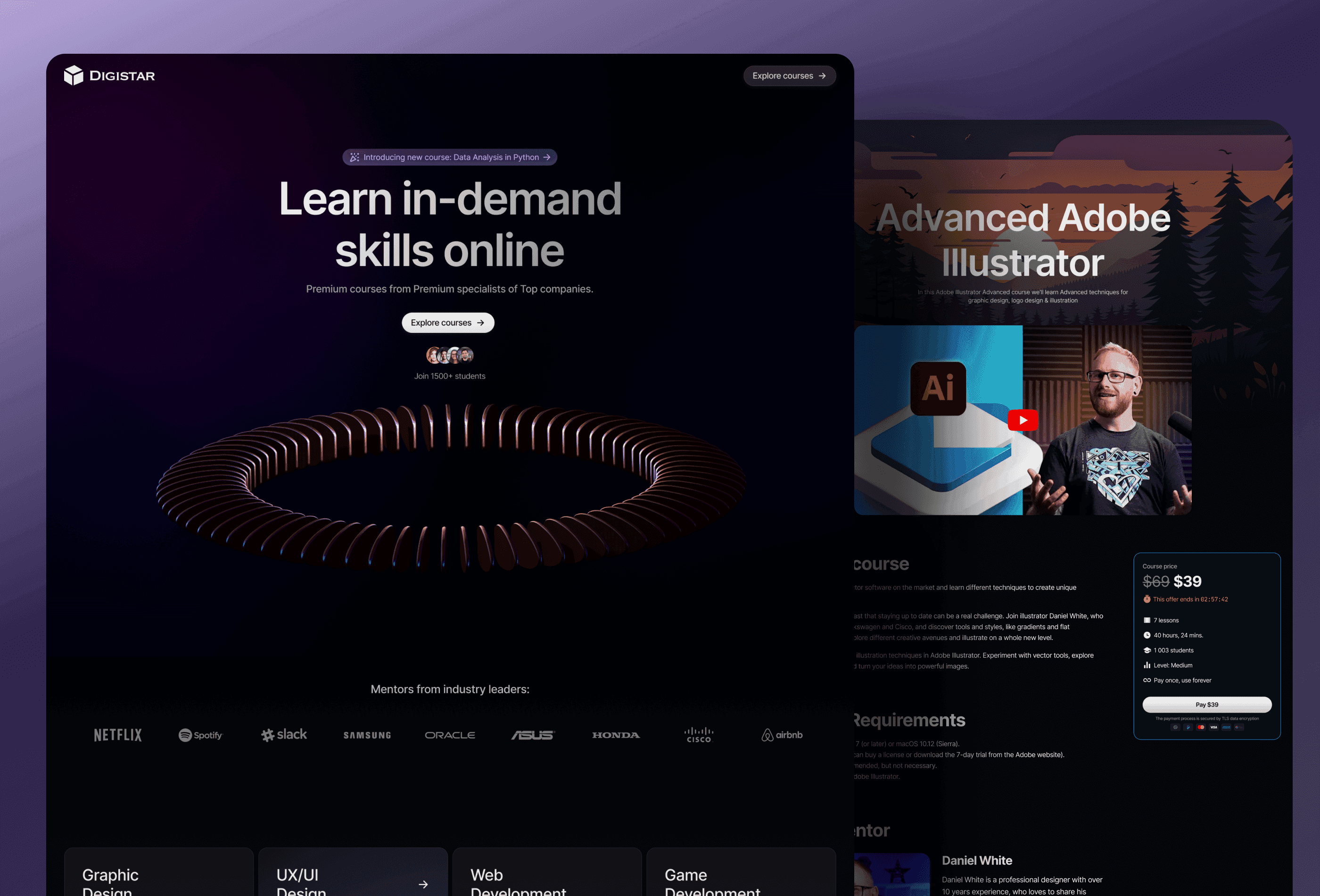 Digistar e-learning website design featuring dark UI and an Advanced Adobe Illustrator course page.