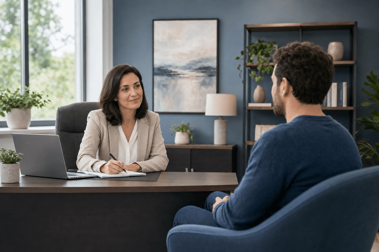A calm, professional psychiatric evaluation setting showing a licensed clinician conducting a patient interview, clean modern office with natural lighting, neutral tones of blue and gray, desk with notepad and laptop, two chairs in consultation arrangement, minimalist medical office aesthetic, warm and welcoming atmosphere, conveying trust and clinical professionalism