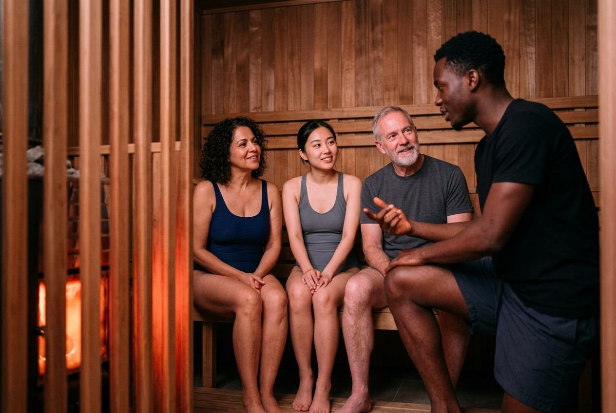 A crew member crouches in a timber sauna, talking three first-timers on the lower bench through the round.