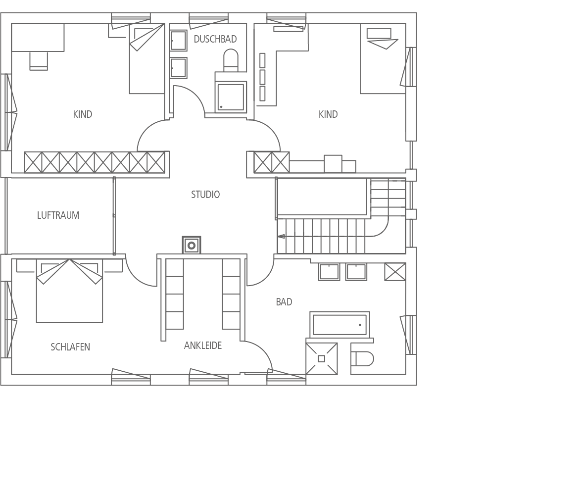 Grundriss eines Hauses mit Schlafzimmer, Kinderzimmern, Duschbad, Studio, Ankleide und Bad.