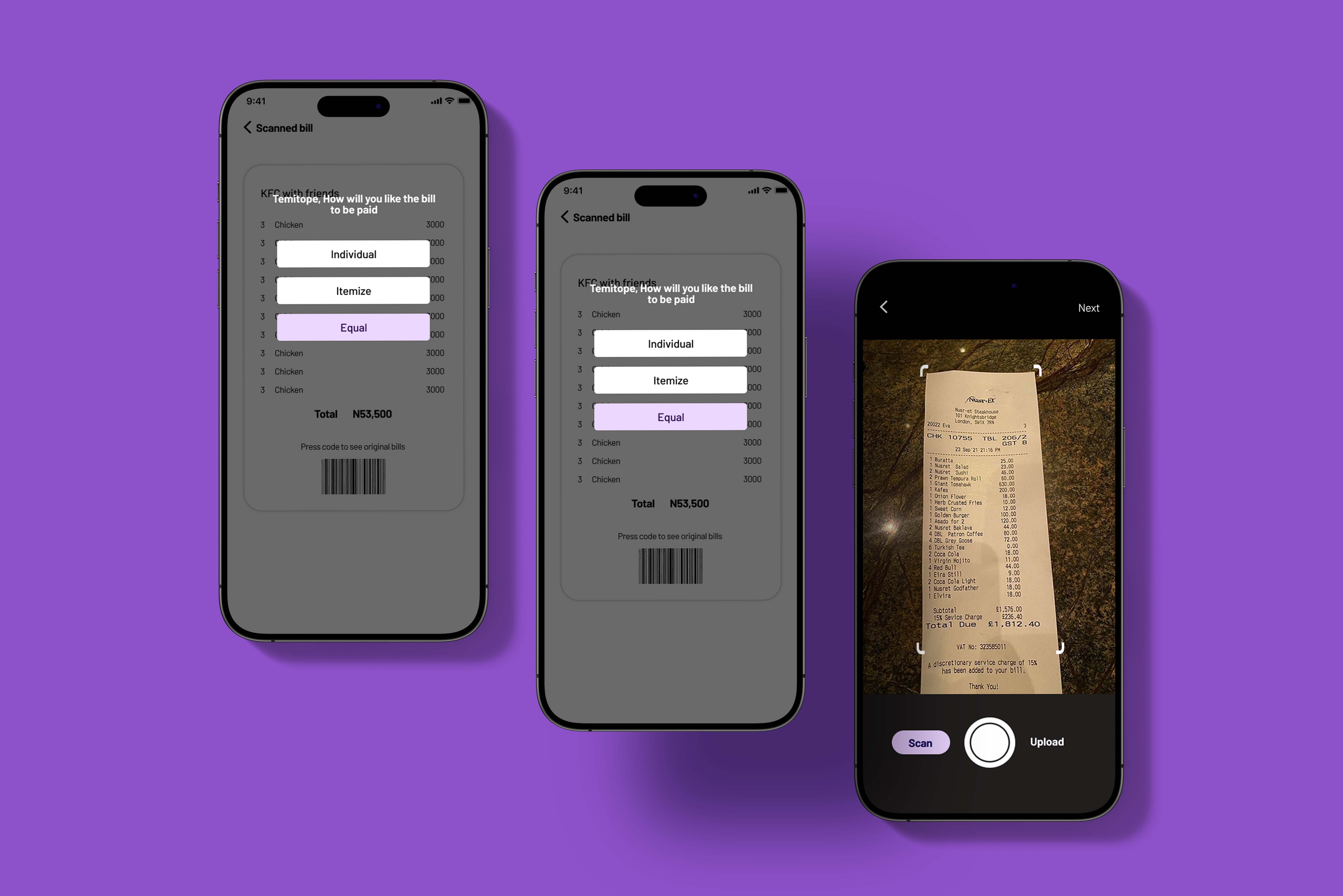Three smartphones display a finance-related mobile app user interface for managing and scanning bills, set against a purple background.