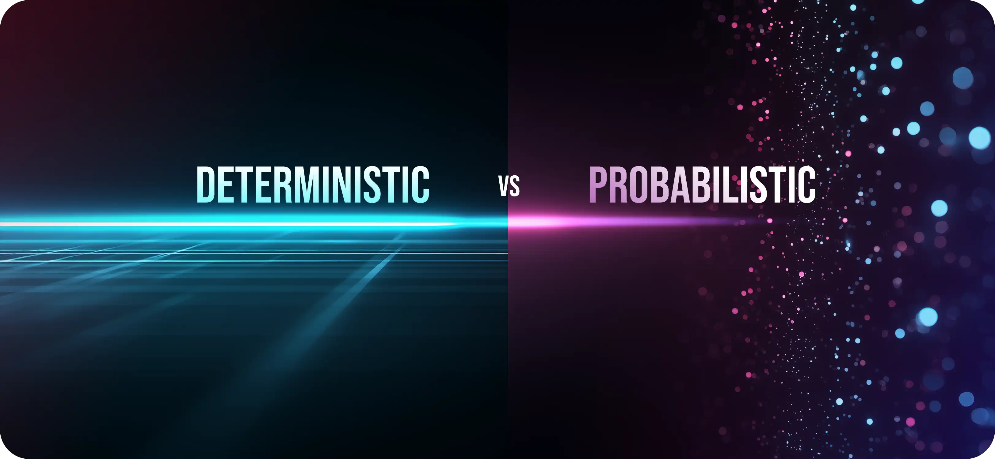 Split-screen digital illustration comparing deterministic and probabilistic attribution in gaming. The left side shows clean blue light lines symbolizing structured, verified data, while the right side glows with magenta and purple particles representing probabilistic modeling and estimation. A bright light line runs through the center, creating a minimalist futuristic contrast on a dark background.