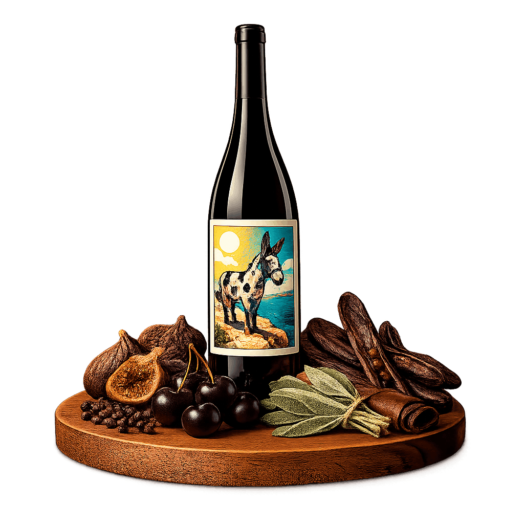 Artistic label and flavor profile for Croatian Plavac Mali on a rustic wooden table.