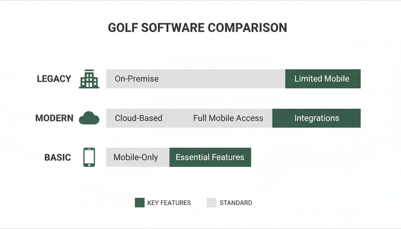 Comparison chart illustrating different golf software types: Legacy, Modern, and Basic, and their features.