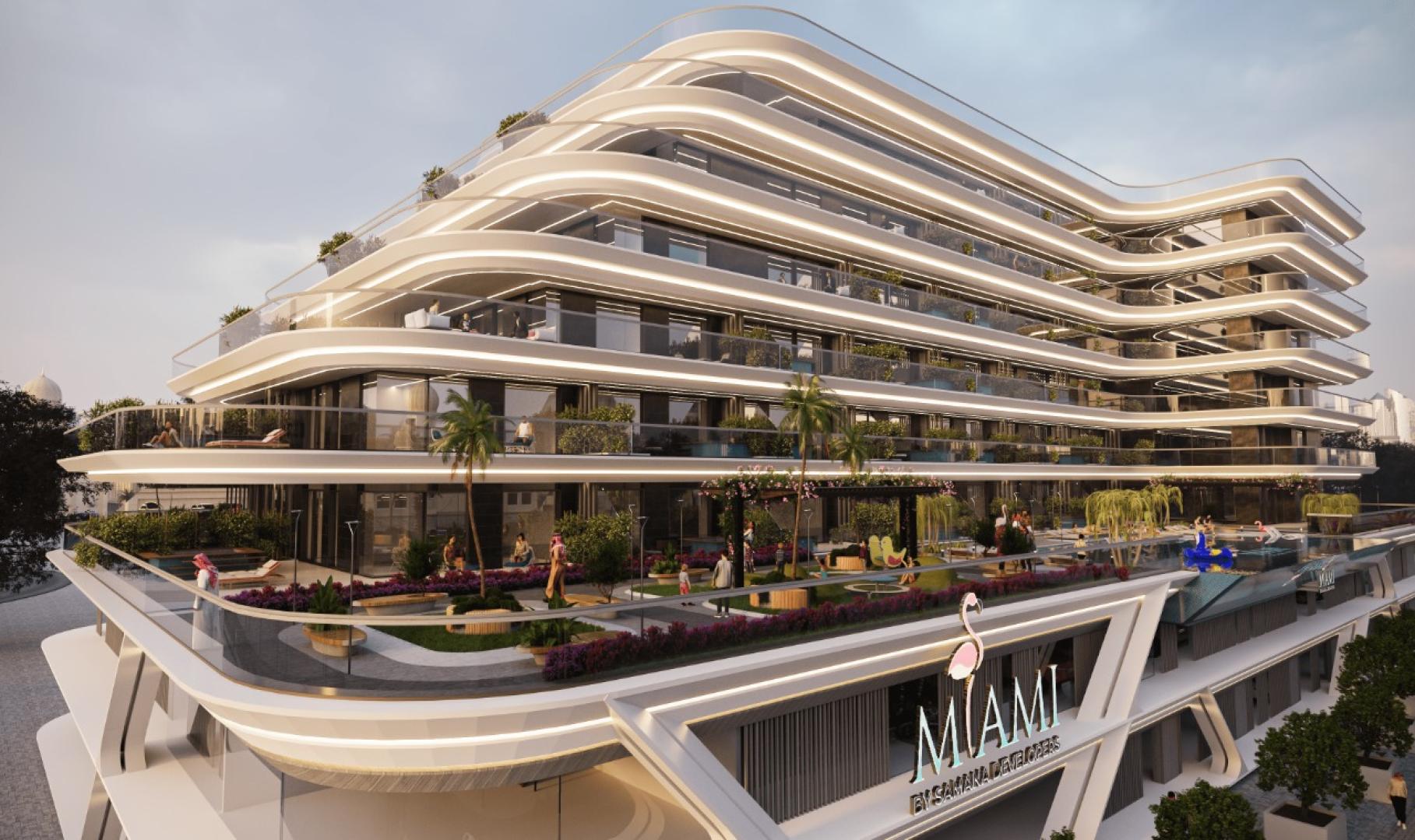 Modern futuristic building design of Samana Miami, showcasing sleek lines and innovative architecture.