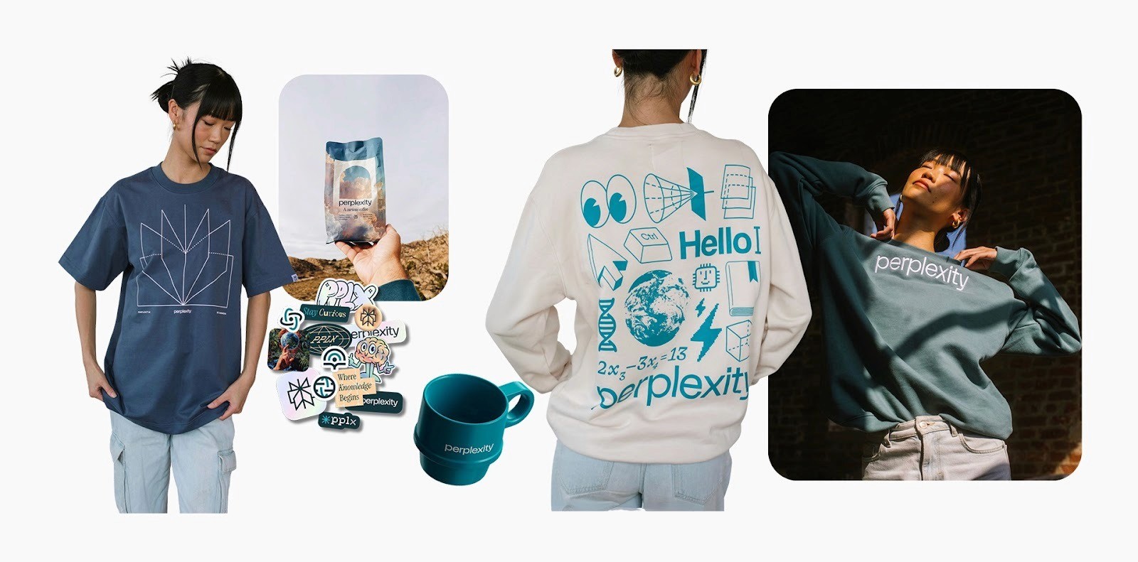 Collage showing Perplexity merch: a blue t-shirt, a hand holding a package with stickers, a teal mug, and sweatshirts with "perplexity" branding.