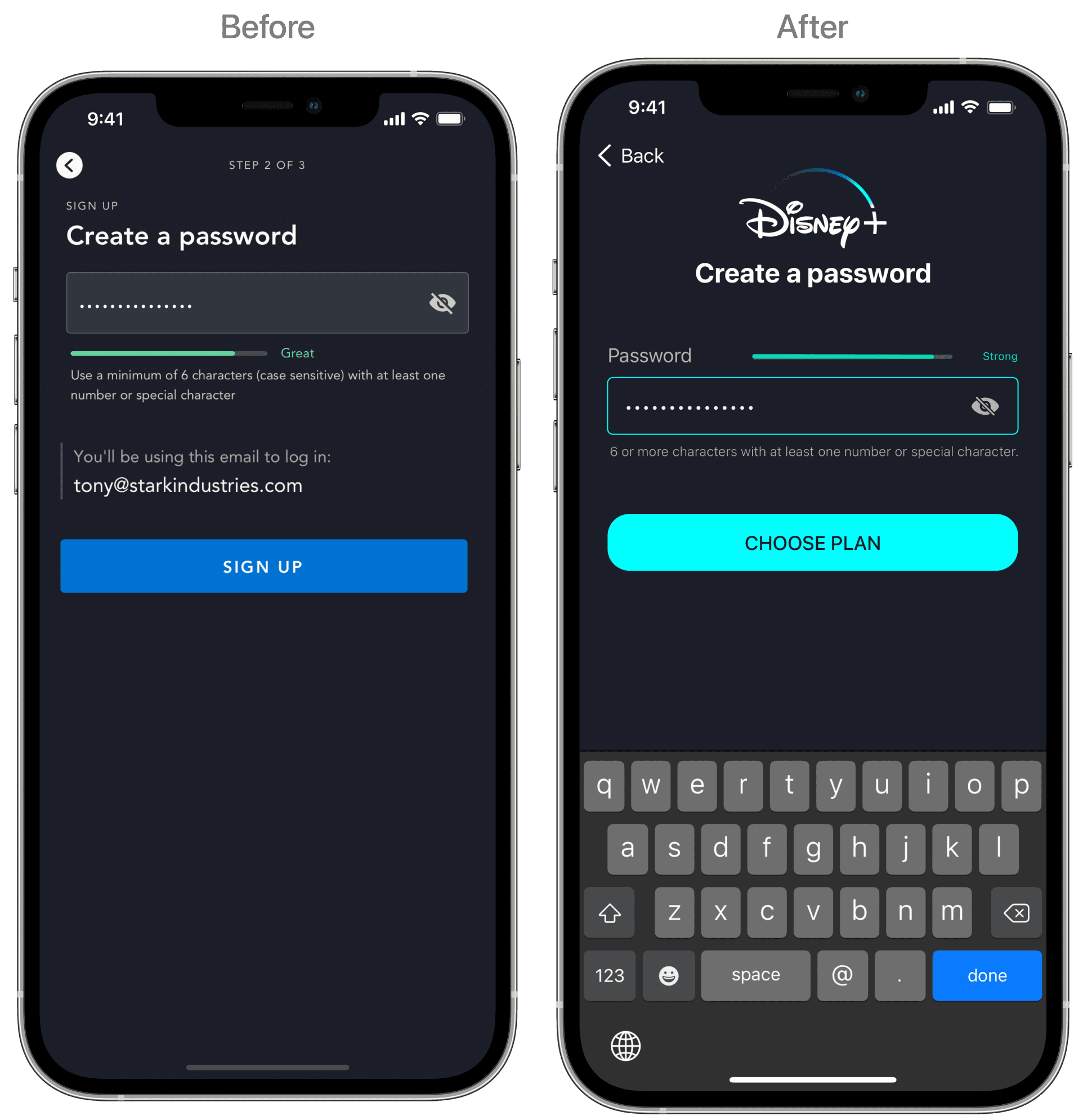 Disney+ password screen before and after the rewrite