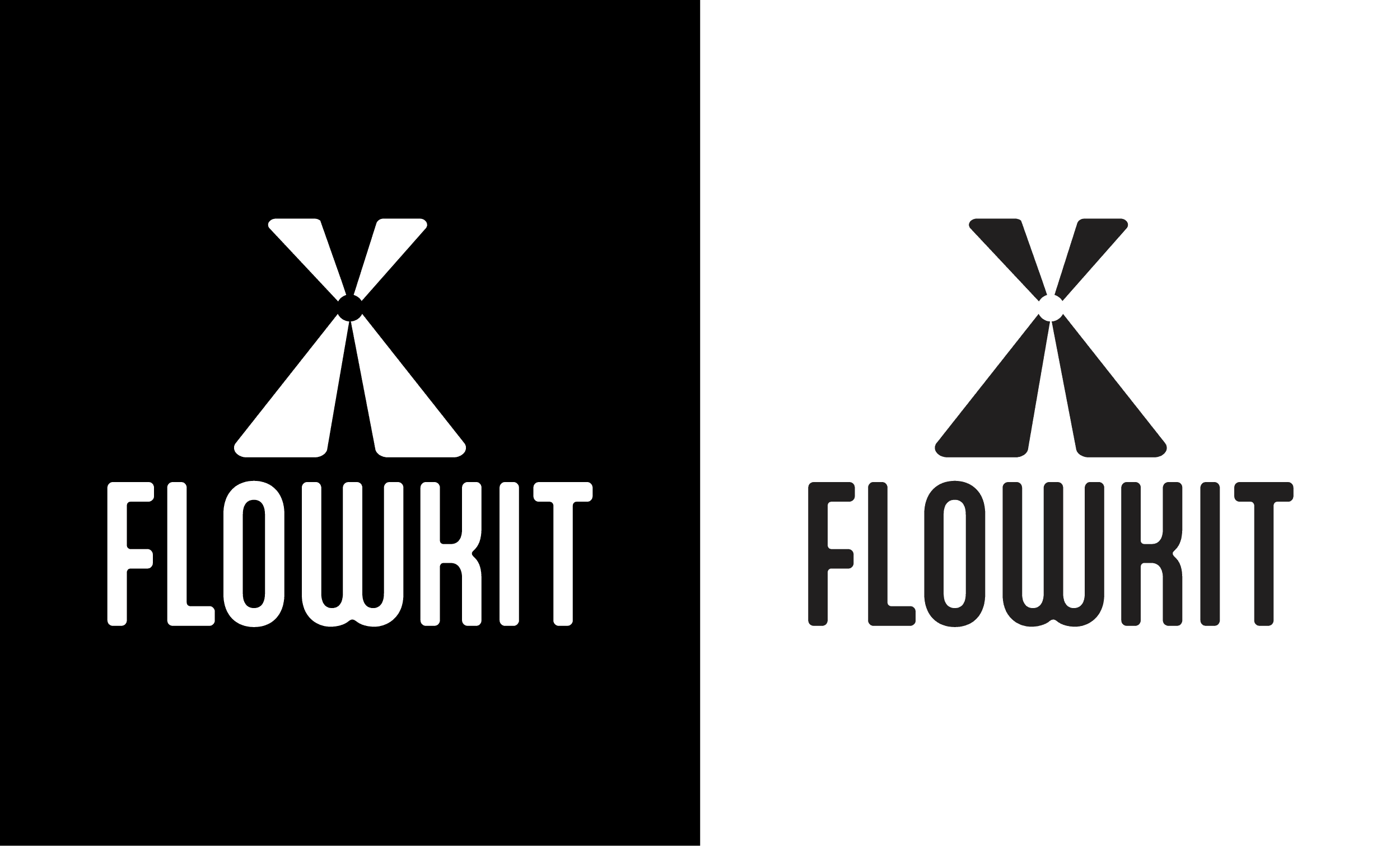 Black and white Flowkit Logo - a stylistic X and wordmark Flowkit under it