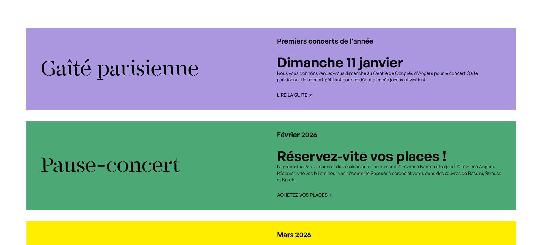 Une section de contenu présentant les prochains concerts à venir, présente sur le nouveau site internet de l'Orchestre National des Pays de la Loire.