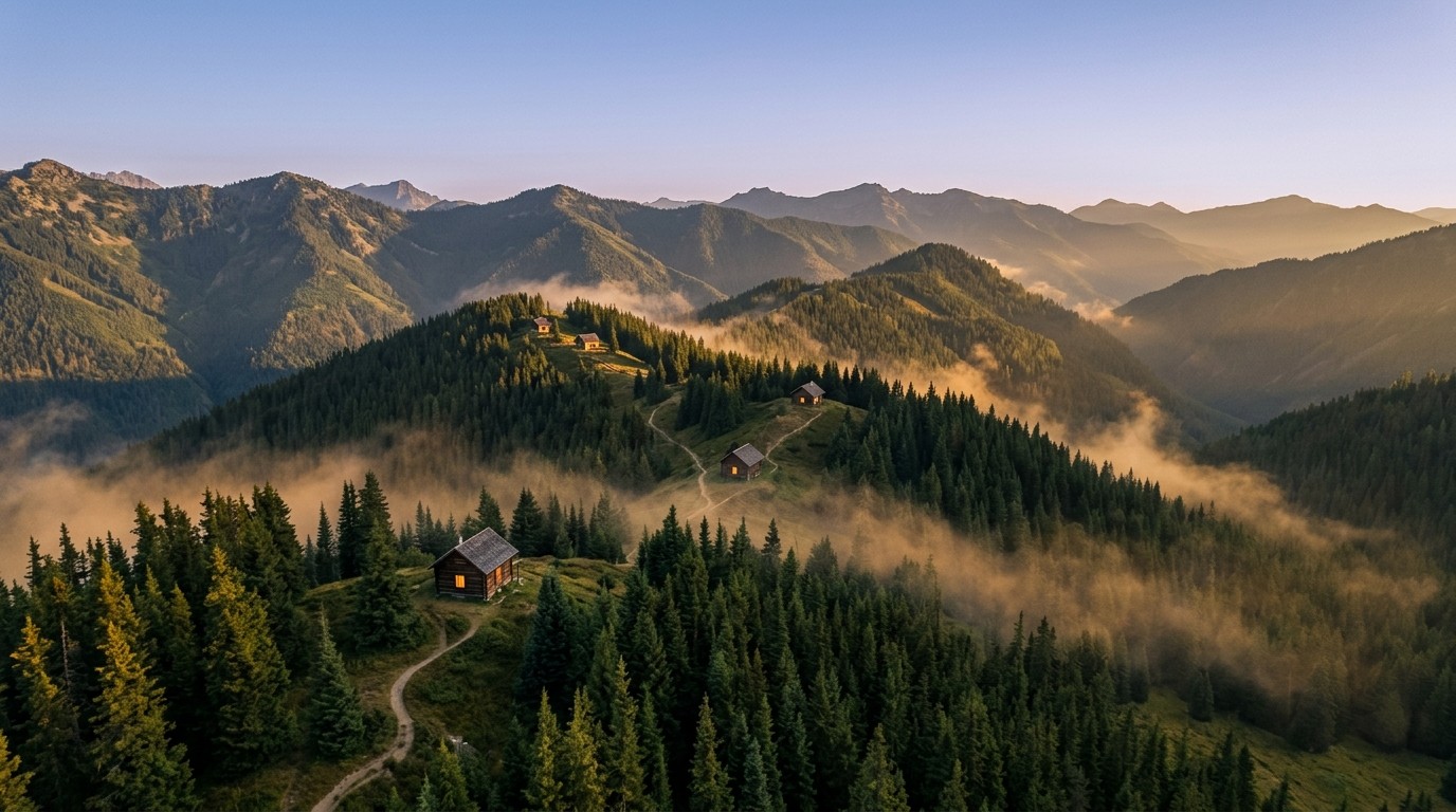 Small timber cabins on separate mountain ridges linked by paths
