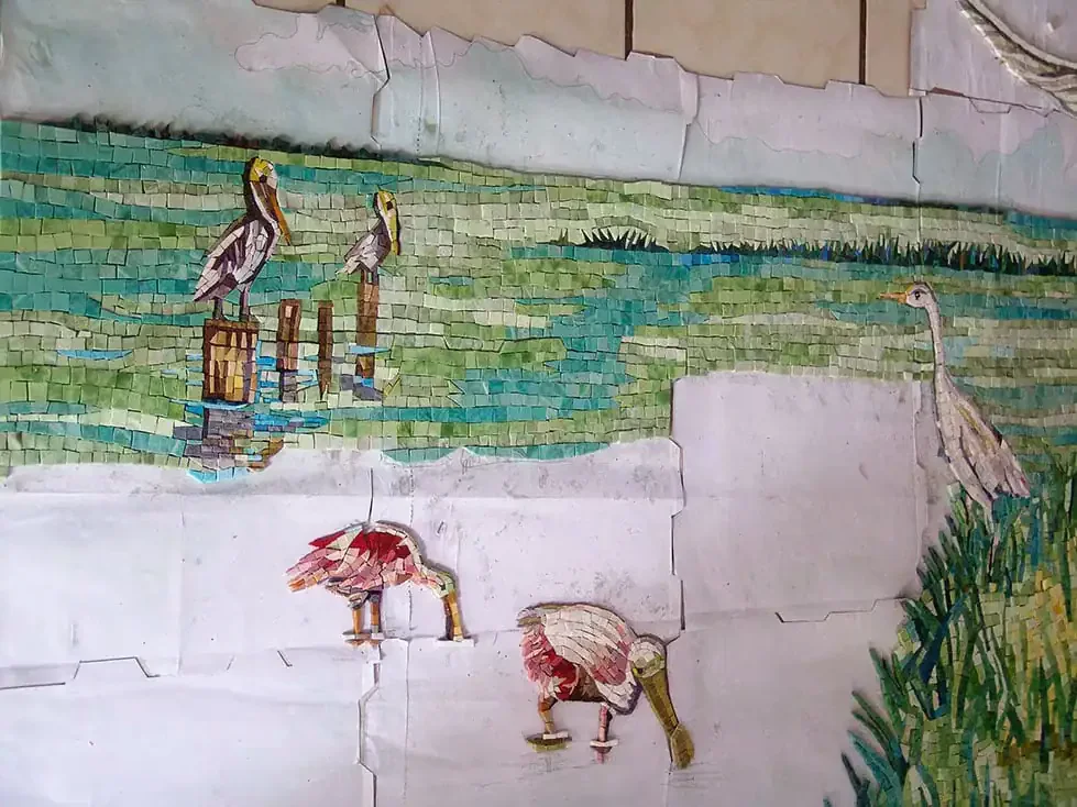 Herons and water scene mosaic artwork at Mosaiclegs Art Studio.