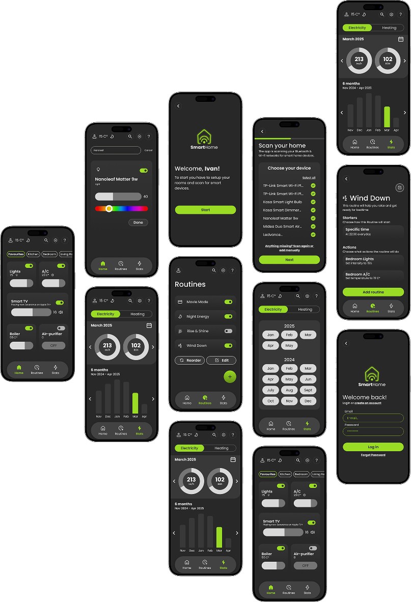 SmartHome mobile app screens for onboarding, controls, and home management