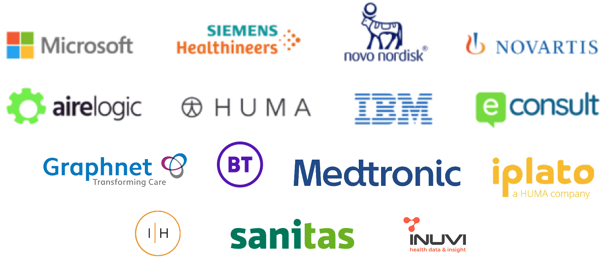 Logo of Microsoft, Siemens Healthineers, Novo Nordisk, Novartis, Airelogic, Huma, IBM, eConsult, Graphnet, BT, Medtronic, iPlato, IH, Sanitas, INUVI